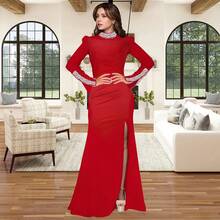Đầm maxi ôm sát dài tay cổ cao màu đen đính đá, xẻ tà, thanh lịch dành cho nữ dự tiệc dạ hội, đám cưới, sinh nhật, lễ tốt nghiệp, tiệc mùa xuân. - Đỏ - Xem 4