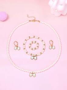 兒童珠寶套裝，包括1條蝴蝶結吊墜珍珠項鍊、1個手鍊、1枚戒指、1副耳環 - 白色 - 查看 2
