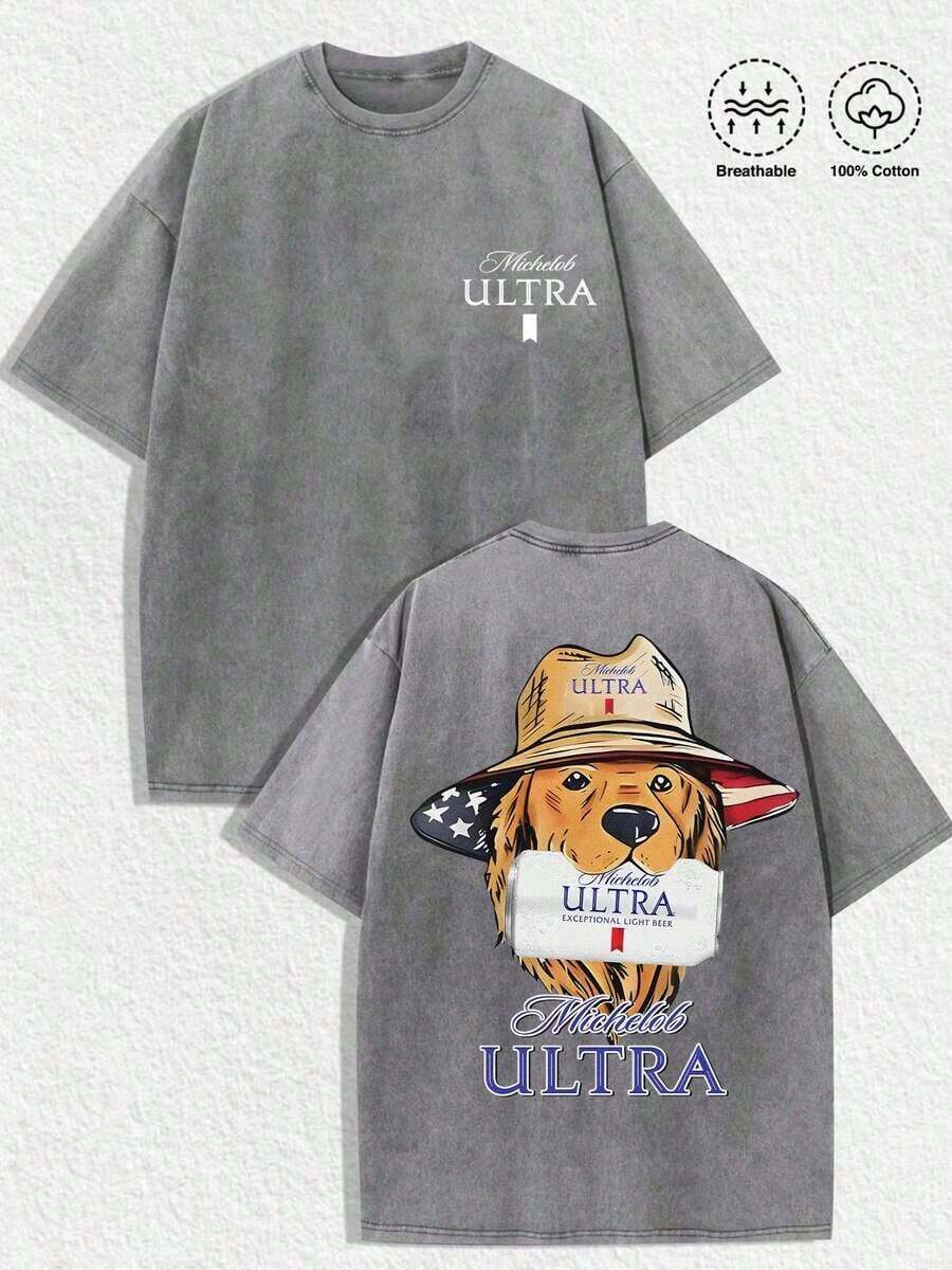 1 Camiseta Vintage con Gráfico de "Michelob Ultra - American Dog": Camiseta Lavada (Disponible en Gris/Gris Oscuro) con el Logotipo de "Michelob Ultra" (en la parte frontal) y un diseño de un perro con gorra de bandera estadounidense sosteniendo una cerveza Michelob Ultra. Hecho de 100% algodón transpirable, ropa para hombre de primavera/verano/otoño, camisa de corte regular, para Halloween, Navidad, Día de Acción de Gracias, Día de San Valentín, Orgullo, Día del Padre, Pascua, Día de la Madre, Año Nuevo y Festival de Primavera, camiseta casual de manga corta con cuello redondo y estampado para hombre, son excelentes regalos para amigos y familiares, camisetas 100% algodón, diseño juvenil y moderno, camisetas gráficas para hombre, camisetas gráficas para mujer, camiseta para la vuelta al cole, esencial para la universidad. - Gris - Ver 1