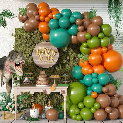 124pcs Matte Green, Orange, Yellow Balloon Arch Kit, For Jungle Dinosaur Theme Party Decor, Jungle Birthday Party, Holiday Party Decorations