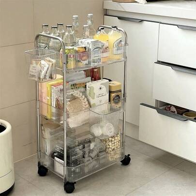 1 Set Estantería móvil de almacenamiento, adecuada para aperitivos en el hogar, estantería de almacenamiento de varios niveles, cesta móvil de frutas y verduras de cocina, material acrílico, carrito de almacenamiento multifuncional transparente con asa y ruedas, adecuado para oficina, baño, cocina, sala de estar, carrito práctico transparente, asistente de almacenamiento doméstico confiable, gran capacidad de carga, puede almacenar diversos artículos