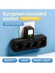 EU Standard Power Socket With 4 AC Outlets & Independent Night Light Switch, Compatible With 110V/250V, Suitable For Daily Life, Home, Office, Travel And Other Scenarios