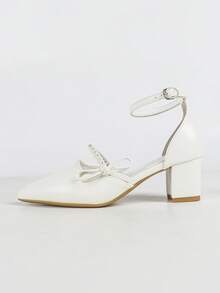 Women's White Pointed Toe Bow Pearl Strap Chunky Heel High Heels - أبيض - مشاهدة 5