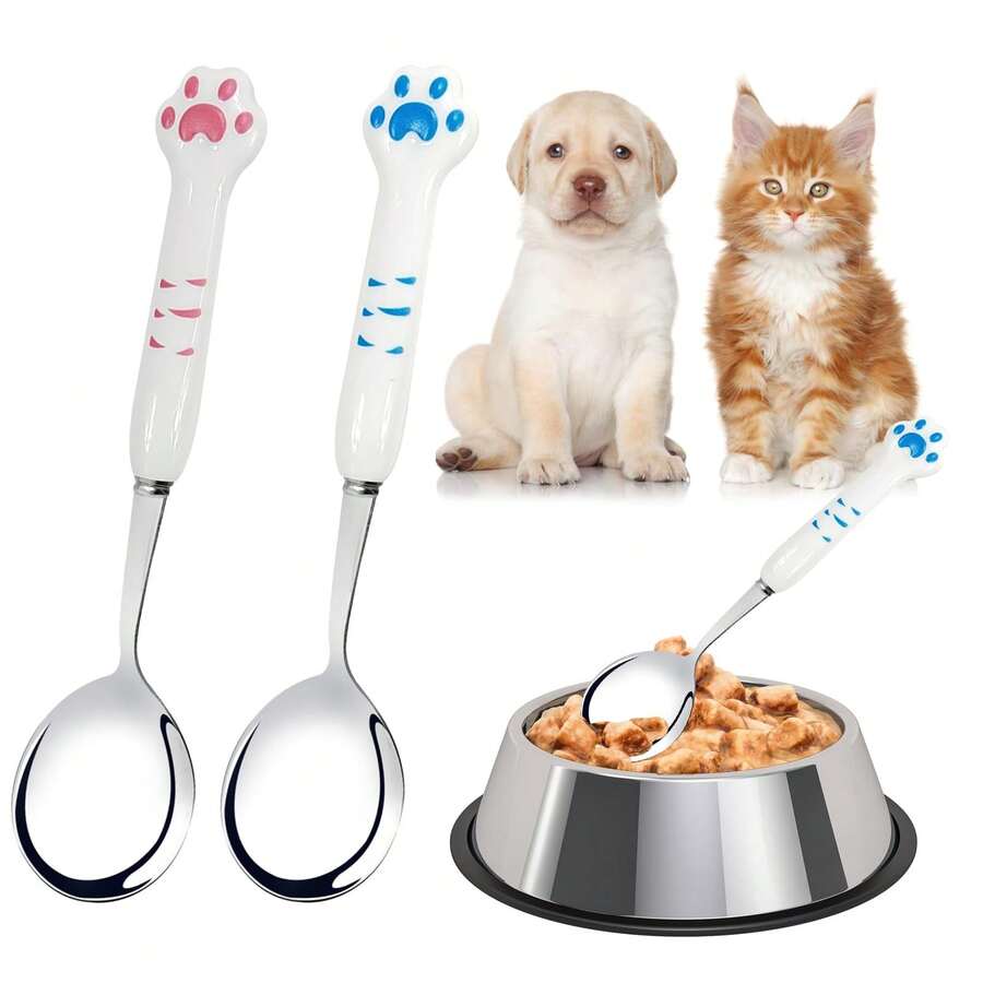 2pcs Long Stainless Steel Pet Food Spoons, Long Handle Feeding Spoons For Wet Pet Food - 2pcs - View 1