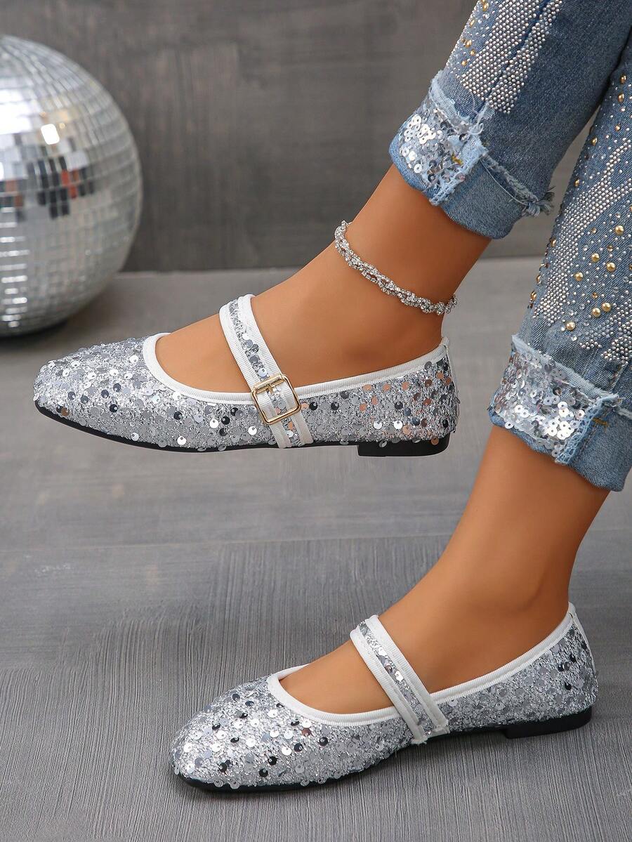 Plus Size EU35-43 Fashionable Sequin Square Toe Flat Shoes, Slip-On Casual Wear, Suitable With Dresses, Multi-Color Pattern Designs, Spring/Autumn
