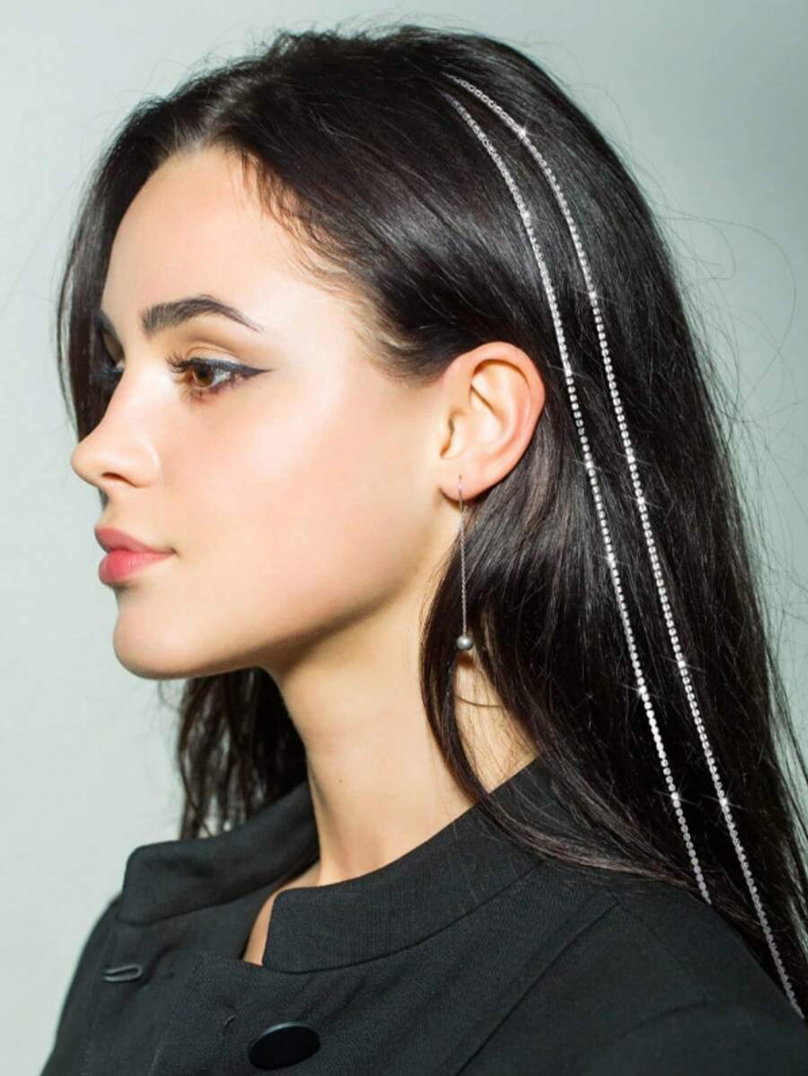 1pc Crystal Rhinestone Hair Chain With Tassel Hair Clip, Unique Shiny Hair Accessory - Multicolor - View 1