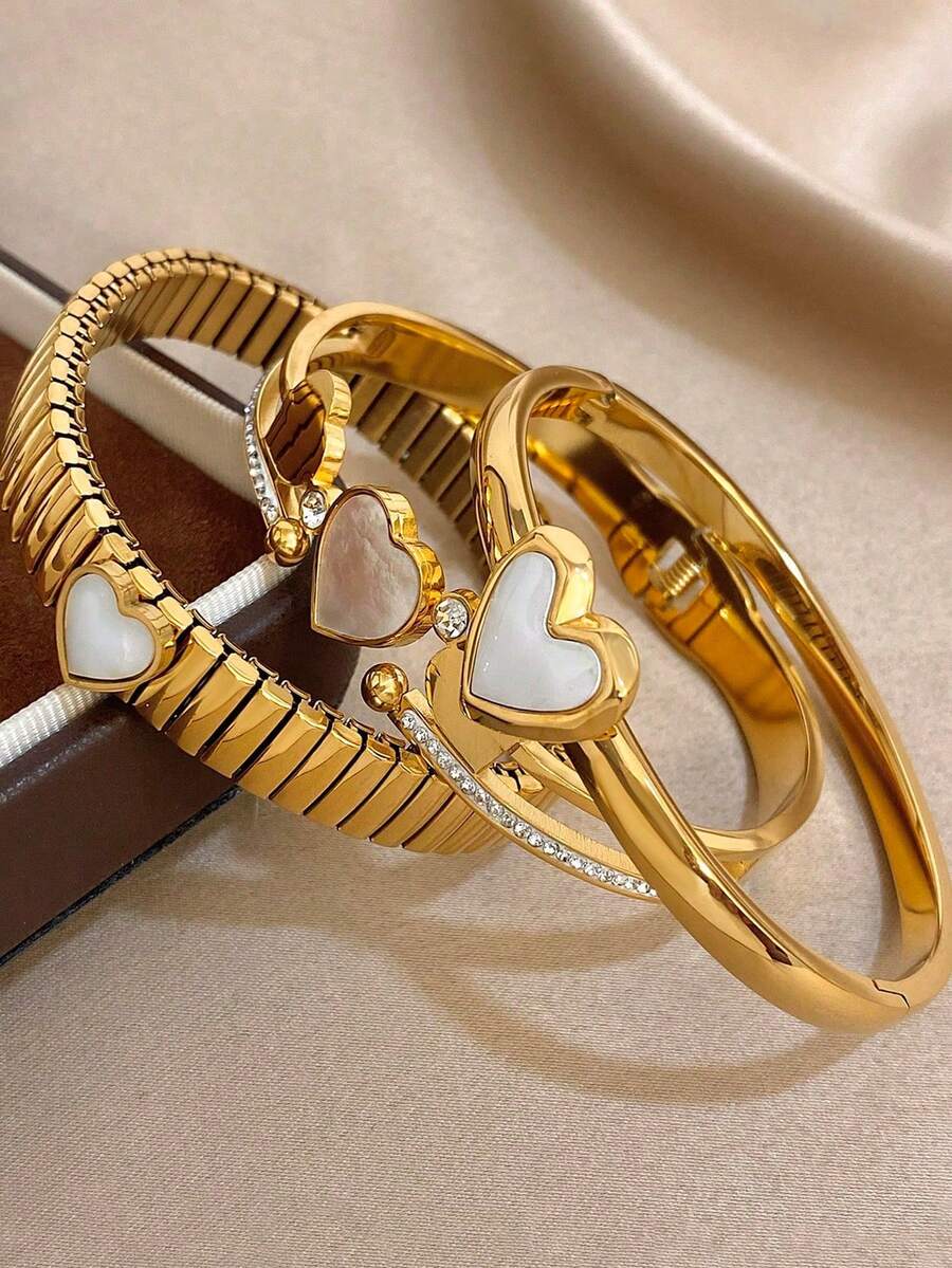 18K Gold Plated Stainless Steel Heart-Shaped Bracelet Set, Elegant Jewelry For Women, Suitable For Valentine's Day, Party, Formal Occasion, Daily Wear, Date, New Year, Wedding, Beach, Christmas, Anniversary, Also A Graceful Gift For Mom, Bohemian Style Jewelry, Bridesmaid Gift - Multicolor - View 1