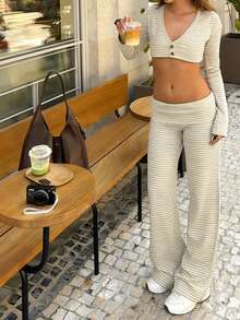 Striped Long Pants For Women Fold Over Low Rise Straight Leg Sweatpants Y2k Stretchy Loose Wide Leg Pants Lounge Leggings - Rice White - View 4