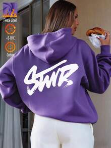 Women's Oversized Cotton Letter Graphic Sweatshirt Sweatshirt, Warm Lining, Drawstring Waist, Casual, Versatile, Suitable For Cold Weather, Autumn/Winter - Purple - View 1
