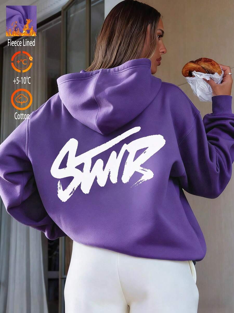 Women's Oversized Cotton Letter Graphic Sweatshirt Sweatshirt, Warm Lining, Drawstring Waist, Casual, Versatile, Suitable For Cold Weather, Autumn/Winter - Purple - View 1