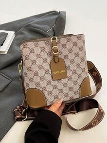 复古时尚小众单肩斜挎宽肩带大容量水桶包 - 灰色 - 查看 8