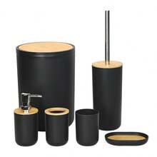 High-Quality Anti-Slip Bathroom Trash Can, Toilet Brush, Soap Dish, Toothbrush Holder, Bamboo Cover Bathroom Accessory Set, New Home, Hotel, Gift Box - Multicolor - View 14