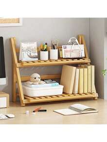 2-Tier Foldable Bamboo Kitchen Organizer Rack - Multifunctional Storage Shelf For Countertop And Cabinet, Space Saving, Home Decor - Brown - View 4