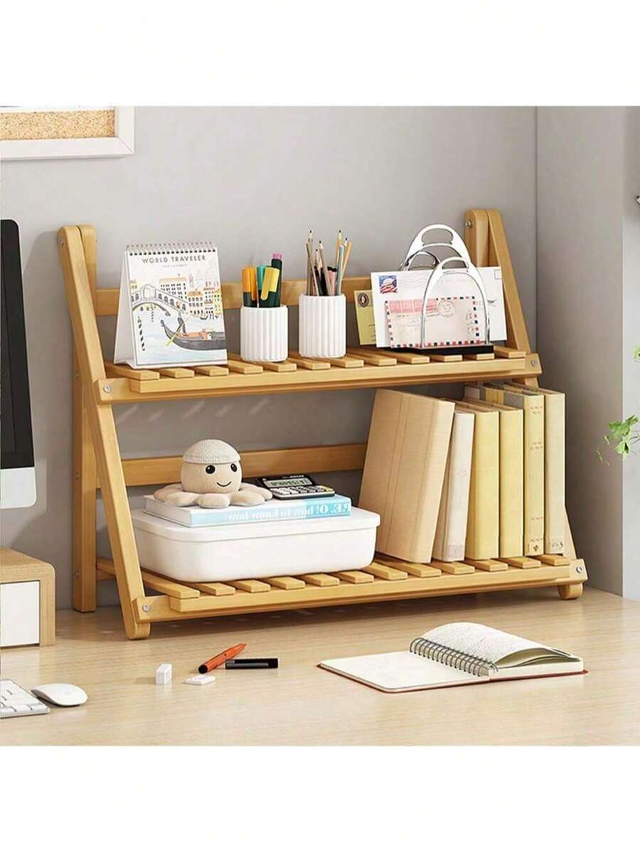 Organizador de cocina de bambú plegable de 2 niveles - Estantería de almacenamiento multifuncional para encimera y gabinete, ahorro de espacio, decoración del hogar - Marrón - Ver 1
