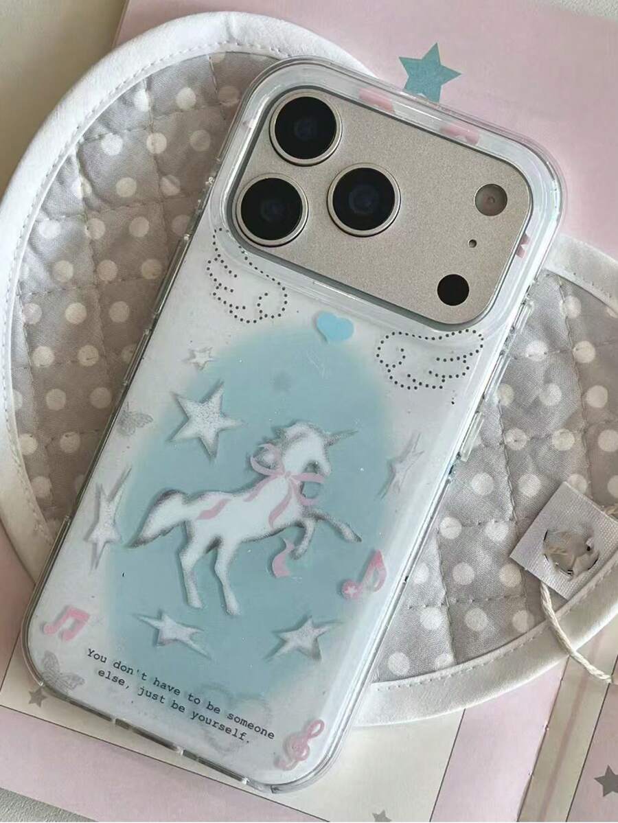 新款时尚可爱蓝色星星、音符、小马翅膀图案手机壳，兼容 17 Pro Max、16、15、14、13 系列，保护套 - 彩色 - 查看 1