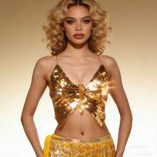 1 Set Women Glitter Sequin Butterfly Crop Top Sparkly Top Rave Top Low -Cut Tank Top For Belly Dance Outfits - Multicolor - View 15
