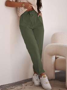 Pantalones casuales de unicolor con bolsillo y cordón en la cintura para mujer, primavera - Verde - Ver 3
