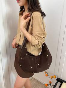 Women's Retro Minimalist Large Capacity Crescent Shoulder Tote Bag, Versatile For Daily Outing, Casual And Commuting - Coffee - View 7