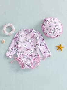 Toddler Baby Girl Silly Goose Swimsuit Floral Bow Print Long Sleeve Rash Guard And Hat 2 Piece Infant Bathing Suits Swimwear - Pink - View 4