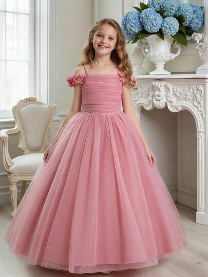 Tween Girls' Solid Color Off-Shoulder Ruffle Mesh Elegant Long Formal Dress, Suitable For Prom, Vacation, Excludes Headband