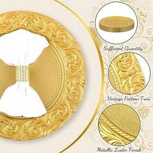 Uiifan 12 unidades de placas de carga antiguas a granel de 13 pulgadas de plástico en relieve platos redondos florales para bodas cargadores decorativos para mesa cena cocina decoración de fiesta - Oro - Ver 3