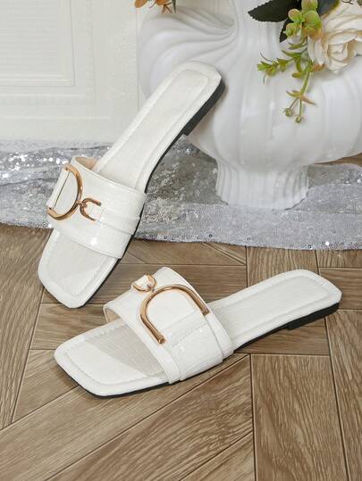 女士平底凉鞋，饰有D形图案，纯色鳄鱼纹拖鞋，基本款套脚凉鞋，经典套脚拖鞋，适合海滩、度假、居家、休闲场合