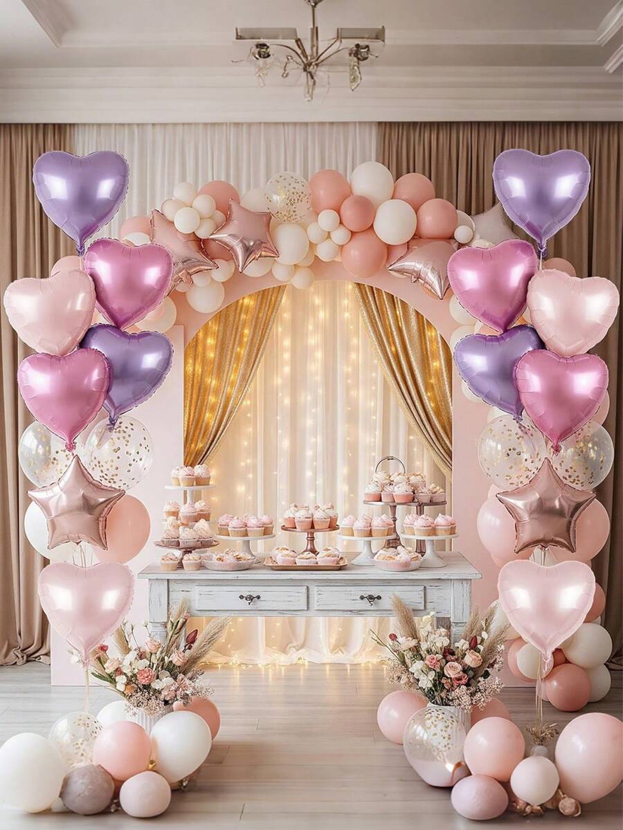 6/12pcs Heart Shaped Balloons Set - Pink And Red, For Wedding, Birthday, Valentine's Day, Party, With White Ribbon Bow - Inflatable Decorations - Proposal, Christmas, New Year Party Supplies - Multicolor - View 1