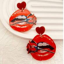 A Pair Of Exaggerated Red Lip Rose Acrylic Earrings, Valentine's Day Exaggerated Earrings, Fashionista Exaggerated European And American Passionate Earrings, Suitable For Ladies To Wear On Festivals - Exaggerated Red Lip Earrings - View 2
