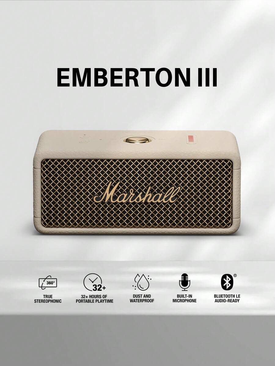 Marshall Loa Bluetooth di động Emberton III, thời gian phát nhạc 32 giờ, Bluetooth 5.3, chống nước IP67, thiết kế nhạc Rock cổ điển, âm thanh nổi chất lượng cao với âm trầm sâu, trọng lượng nhẹ và dễ mang theo cho các chuyến đi ngoài trời và các buổi tụ họp. - Kem - Xem 1