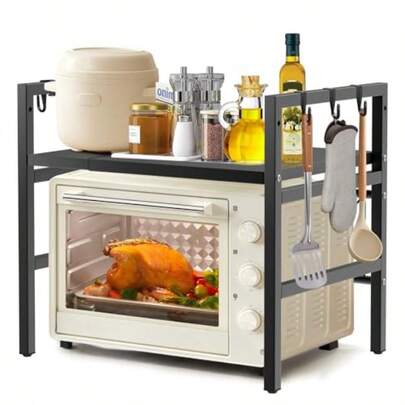 レンジ上ラック 伸縮式 幅40-65cm 高さ調整可能 耐荷重ラック 滑り止めマットandフック6個付き キッチン収納ラック トースターラック 調味料棚 電子レンジ/炊飯器置き台/食洗機対応 省スペース設計 強化M型バー ブラック