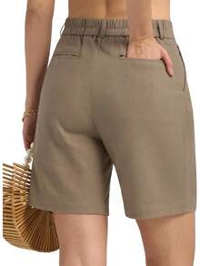 Women's Linen Shorts Dress Casual Wide Leg Summer Pleated Shorts High Waisted With Pockets 10A Valentine's Day 125J - 卡其色 - 查看 5