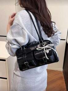 新款韩版荔枝纹褶皱单肩包，女士多功能通勤包，大容量篮式设计，轻盈奢华，时尚复古优雅手提包，精致百搭的腋下包。高端时尚单肩包/手提包，小众法式设计 - 黑色 - 查看 7