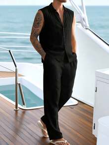 Bộ đồ nam bằng vải lanh nhẹ, kiểu dáng thường ngày, thích hợp cho hoạt động ngoài trời, gồm áo vest thời trang, áo sơ mi có cổ và quần, thích hợp cho mùa hè. - màu đen - Xem 3