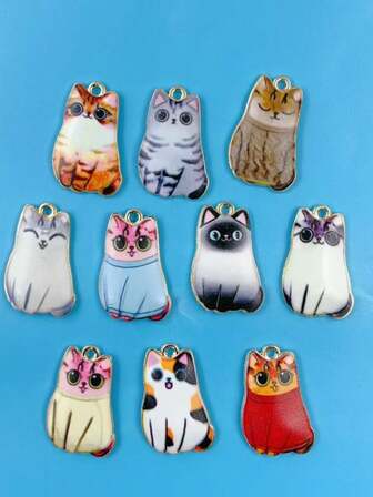 10件套可爱动物印花小猫合金DIY配件耳环手链吊坠手机壳配件