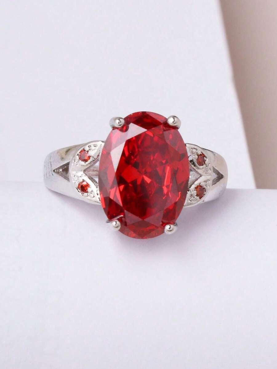 1 pieza Anillo de lujo chapado en cobre con oro blanco y piedra de cristal de circonia roja - Rojo - Ver 1