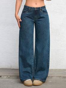 Vaqueros de pierna ancha y larga para mujer, estilo casual, con bolsillos, cremallera y botones, elasticidad media. - Azul - Ver 1