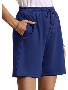 Quenteen Women's Sweat Shorts Bermuda Long Shorts Athletic Casual Loose Cotton Shorts (Available In Plus Size)A Valentine's Day 46QM - 寶藍色 - 查看 1
