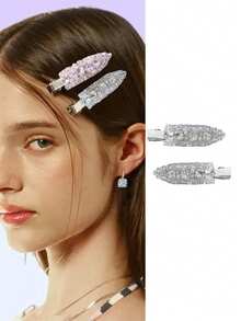 1个镶钻隐形发夹，优雅水钻鸭嘴夹侧边发簪发饰 - 彩色 - 查看 2