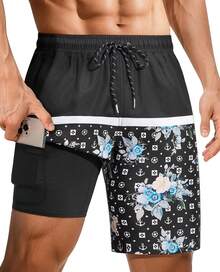 Bañador de hombre de 9 pulgadas: 2 en 1 con forro de compresión, elástico, secado rápido, cordón, bolsillos con diseño de tiburón para playa y piscina. Un regalo de San Valentín HVGG - Estampado marrón oscuro - Ver 1