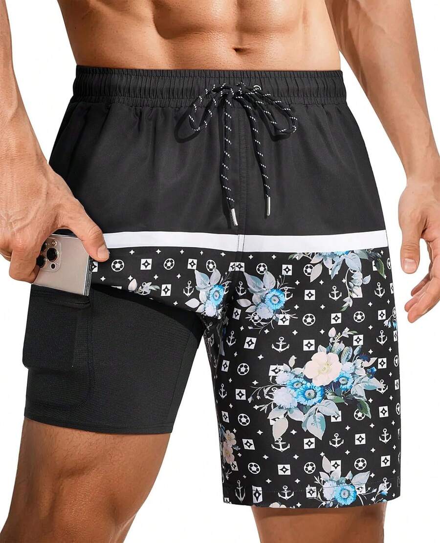 Bañador de hombre de 9 pulgadas: 2 en 1 con forro de compresión, elástico, secado rápido, cordón, bolsillos con diseño de tiburón para playa y piscina. Un regalo de San Valentín HVGG - Estampado marrón oscuro - Ver 1