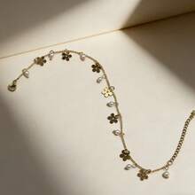 1pc Stainless Steel Floral Pendant Rhinestone Anklet, Fashion, Elegant, Versatile, Suitable For Party, Beach, Daily, Holiday, Gift (Handmade, 1-3cm Tolerance) - Yellow Gold - View 4