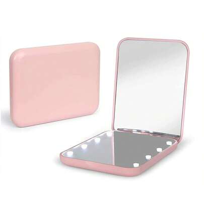 LED Mini Travel Makeup Mirror, 1X/3X Magnified, Compact Folding Handheld Mirror With Light, Double-Sided, Portable, Varnished Finish, Plastic Frame, Cartoon Theme, Unscented, Dresser Mount, Button Battery Powered, Non-Rechargeable - Ideal Gift