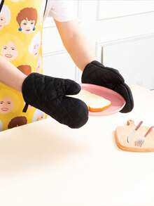 28cm Black & Pink Long Heat Resistant Oven Gloves For Kitchen Cooking & Baking - Multicolor - View 4