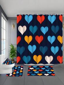 4pcs/Set Heart & Plaid Print Shower Curtain Set, Bathroom Partition Curtain With Hooks, Non-Slip Bathroom Mat Carpet, U-Shaped Toilet Mat, Toilet Seat Cover, Holiday Party Home Bathroom Accessories 4pcs Shower Curtain Set - Multicolor - View 3