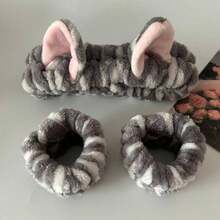 Hairband For Makeup Wash, Cute Plush Cat Ear Headband, Super Cute 3D Wash Makeup Anti-Wet Cuff Striped Wristband, Best Gift For Fashionable Ladies - 灰白貓耳朵三件式 - 查看 4