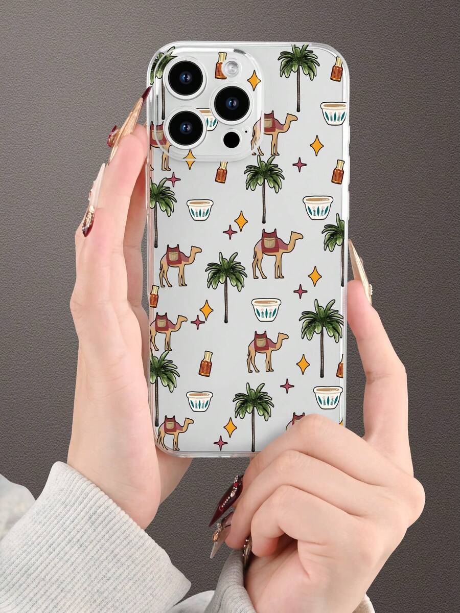Middle East 1pc Camel & Palm Tree Printed Soft Transparent Protective Phone Case, Fashionable Natural Style Suitable As Gift For Girlfriend, Sister, Friend, Aunt, Mom, Couples, Birthdays - Compatible With IPhone 17/16/15/14/13/12/11/Pro/ProMax/X/XR/XS/XSMax/7/8/Plus And Models - Clear - View 1