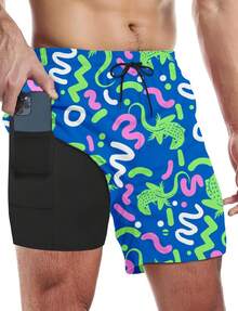 Mens Swim Trunks With Compression Liner 5 Inch Inseam Swim Shorts Quick Dry Mens Swimsuit Board Shorts With PocketsA Valentine's Day NIRT - 亮藍色上的變色龍 - 查看 1