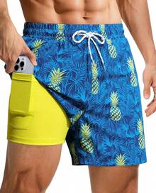 4inch Mens Swim Trunks: With Compression Liner Zipper Pocket Drawstring Quick Dry Stretch Lined Tree Beach PoolA Valentine's Day HZTD - Blue Pineapple - View 5