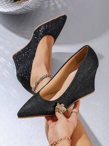 Ladies' New Spring And Summer Sparkling Sequin Pointed Toe Commuter Shoes, Wedge Heel Elegant High Heels, Suitable For Parties Or Office Occasions - Black - View 2