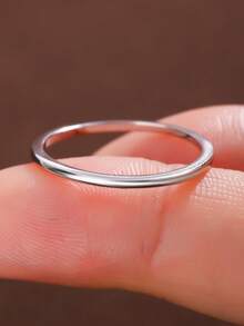 1pc 925 Sterling Silver Plated White Gold Elegant Minimalist Thin Band Ring, Smooth Simplistic Design, Versatile All-Match Jewelry Gift For Girlfriend - Silver - View 2